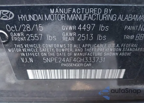 2016 Hyundai Sonata Se z USA, uszkodzony, nr VIN 5NPE24AF4GH333731